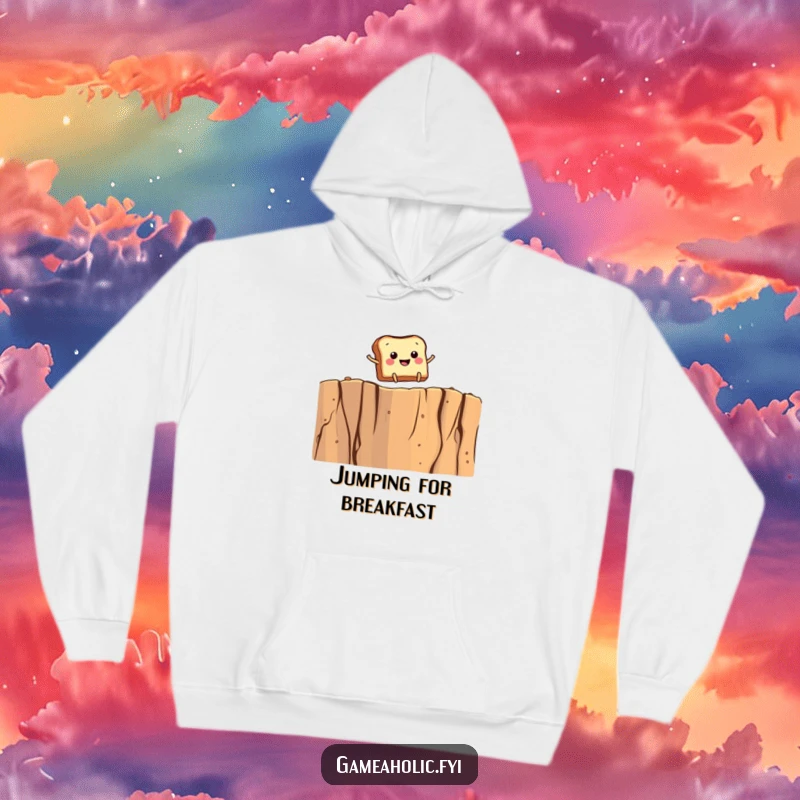 Funny hoodie featuring a joyful toast character with tiny legs leaping heroically over a massive crumb cliff, embodying breakfast courage.
