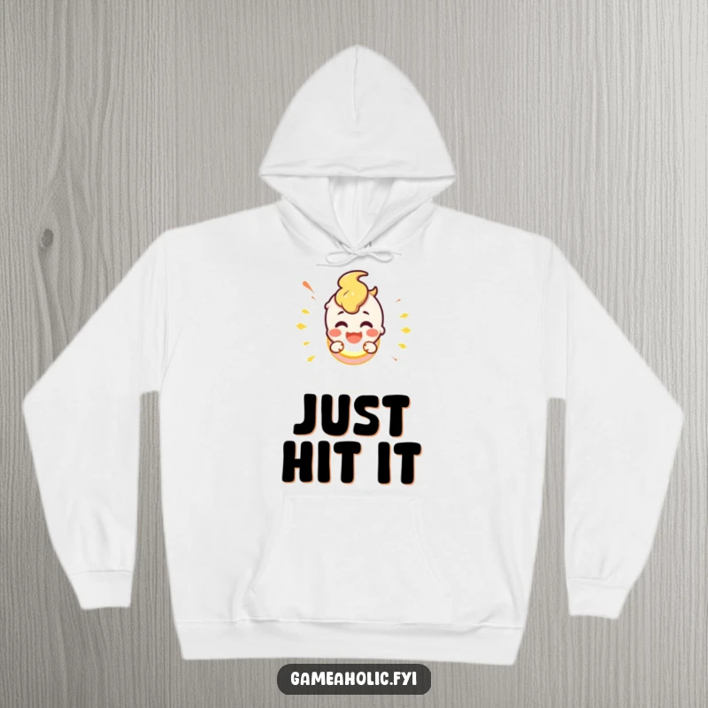 Cute and happy character smashing a glowing button, symbolizing excitement and initiation, on a warm hoodie.