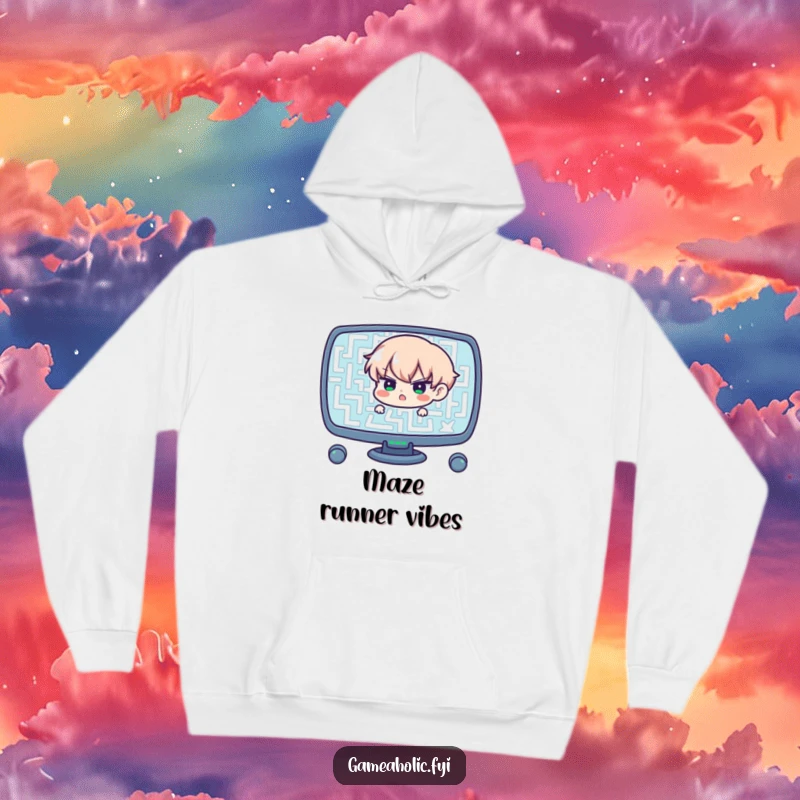 Funny hoodie with a determined character navigating a complex screen maze, a humorous and cozy item for persistent individuals.