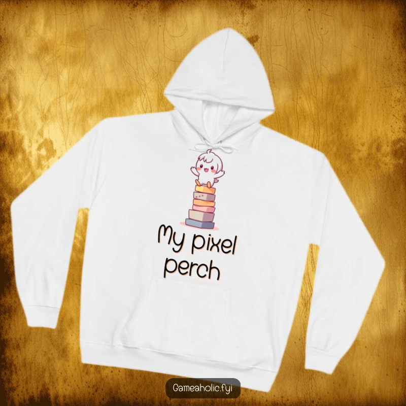 Funny hoodie with a playful character precariously balanced on a stack of pixels, perfect for tech lovers and gamers.