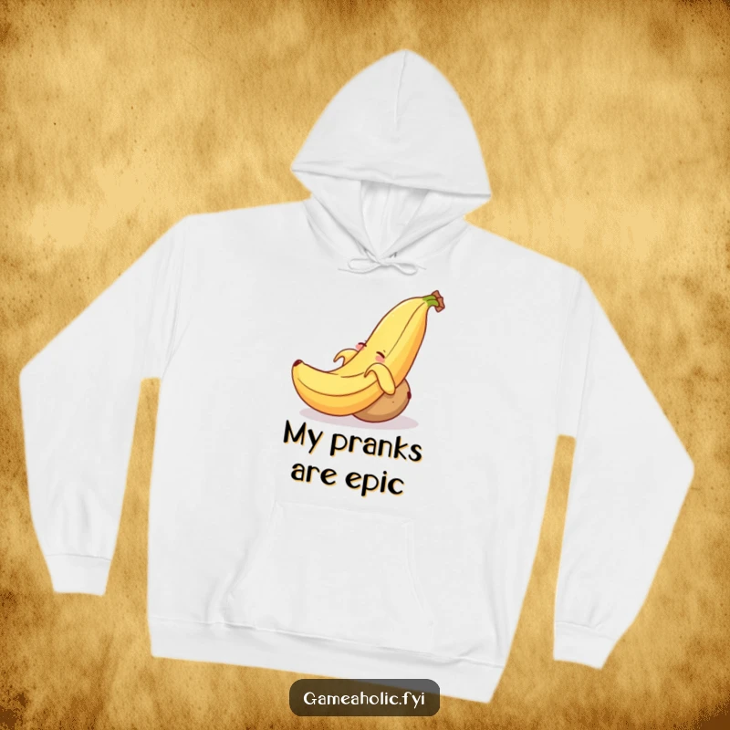 Funny hoodie illustration of a smiling banana peel causing a sleepy potato to tumble, creating a scene of cartoonish chaos.