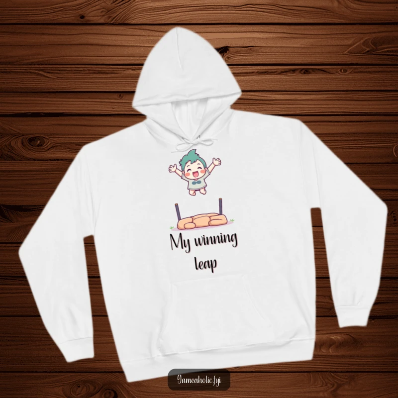Funny hoodie showing a character excitedly leaping over a virtual obstacle with arms outstretched.