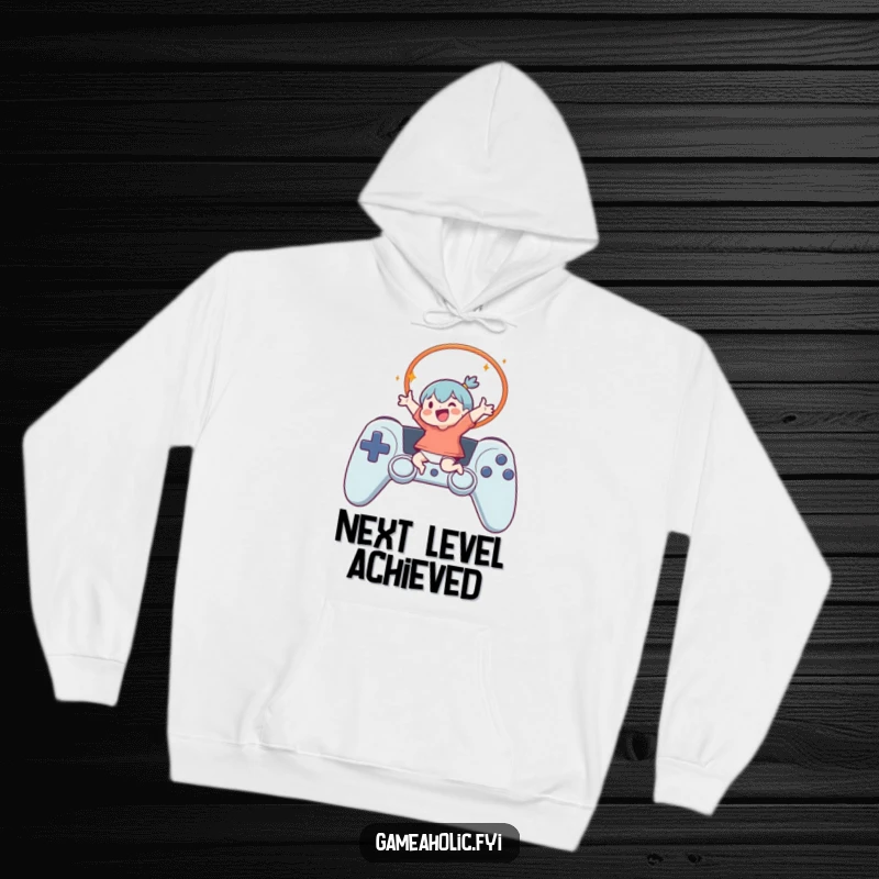 Funny Hoodie showcasing a character leaping energetically through a controller hoop, perfect for staying warm while gaming, a humorous gift.