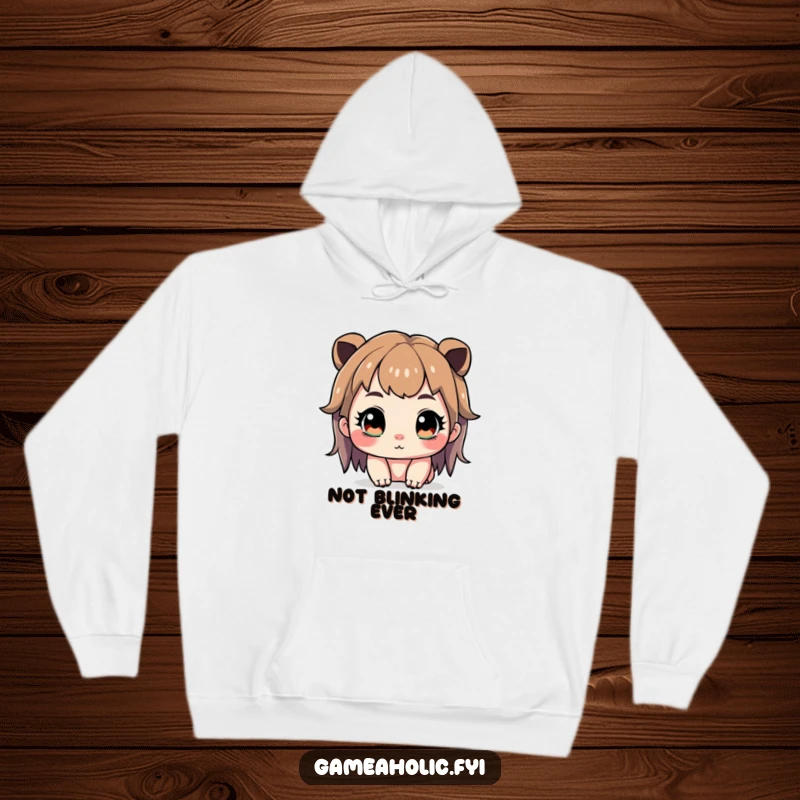 Funny hoodie featuring a cute character with wide, bright, sparkling eyes, demonstrating extreme focus on their game.