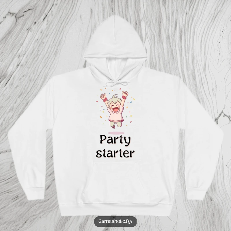 Funny hoodie depicting a character cheering exuberantly, throwing confetti, and leaping from a celebratory victory pose.