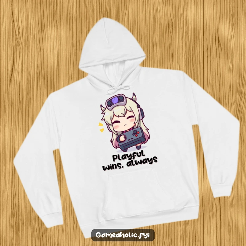 Funny hoodie showing a gamer character winking playfully while holding a joystick, perfect for cozy fun.