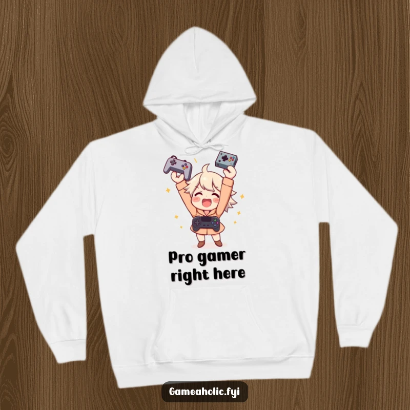 Funny hoodie features an excited gamer character triumphantly throwing a controller in the air, celebrating a win with pure joy.