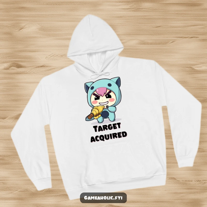 Funny archer hoodie featuring a determined character aiming a miniature pixelated target, perfect for staying focused and warm.