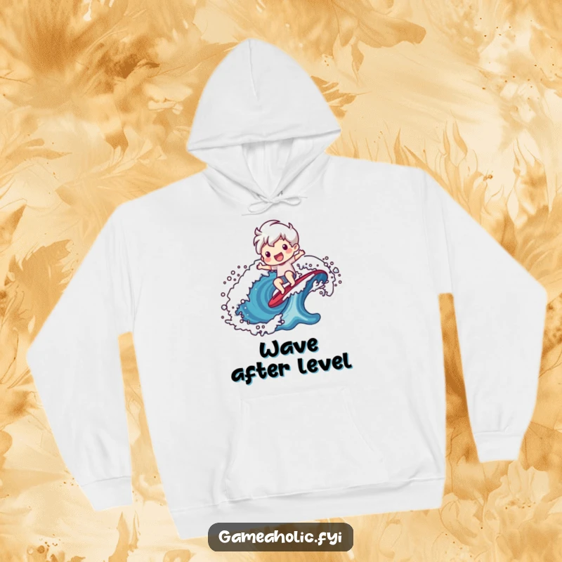 Funny hoodie with a cheerful character surfing a dynamic and colorful pixelated wave, embodying adventure.