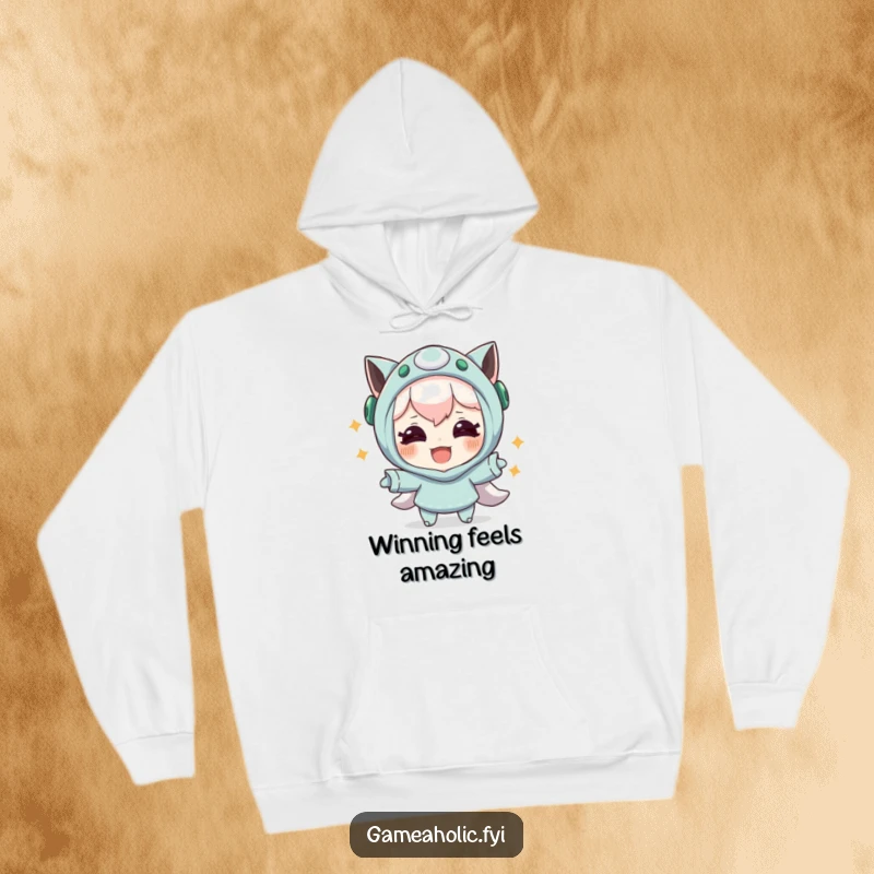 Funny hoodie with a joyful character celebrating an in-game maneuver, a humorous and cozy item for victorious gamers.