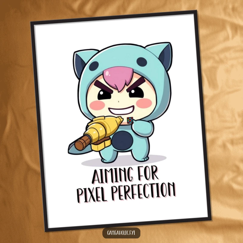 Funny Free Printable Wall Art: Character with determined grin aiming a tiny pixelated target, representing focus.