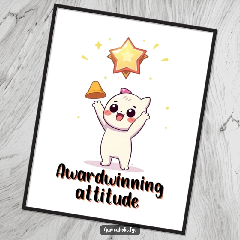 Funny Free Printable Gamer Wall Art: A character eagerly reaches for a shiny, floating virtual award, symbolizing achievement.