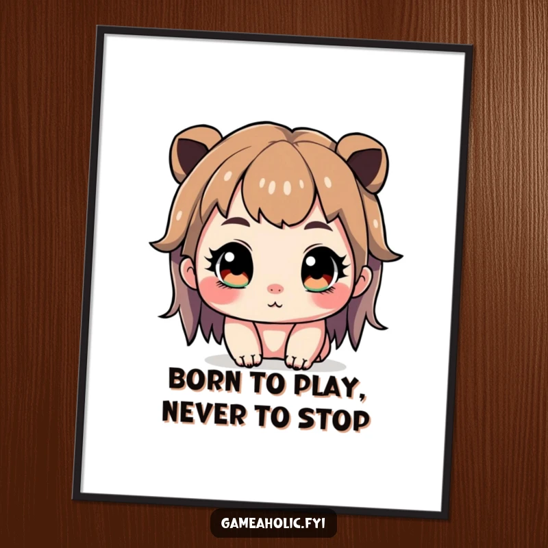 Funny Free Printable wall art of a cute character intensely focused, eyes wide and sparkling, in a gaming zone.
