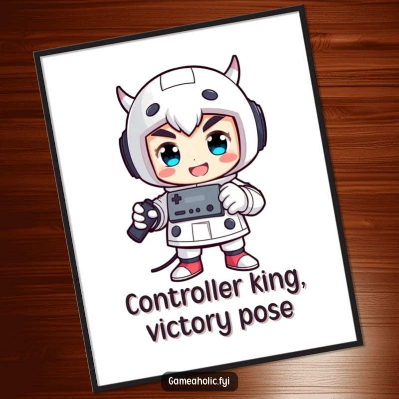Funny Free Printable Wall Art: Proud character striking an epic victory pose, triumphantly holding a game controller, celebrating a win.