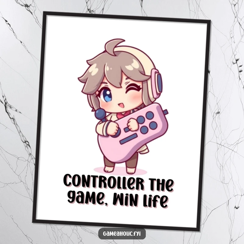 Funny Free Printable Wall Art: A cool gamer character winks while holding a giant joystick, adding playful decor.