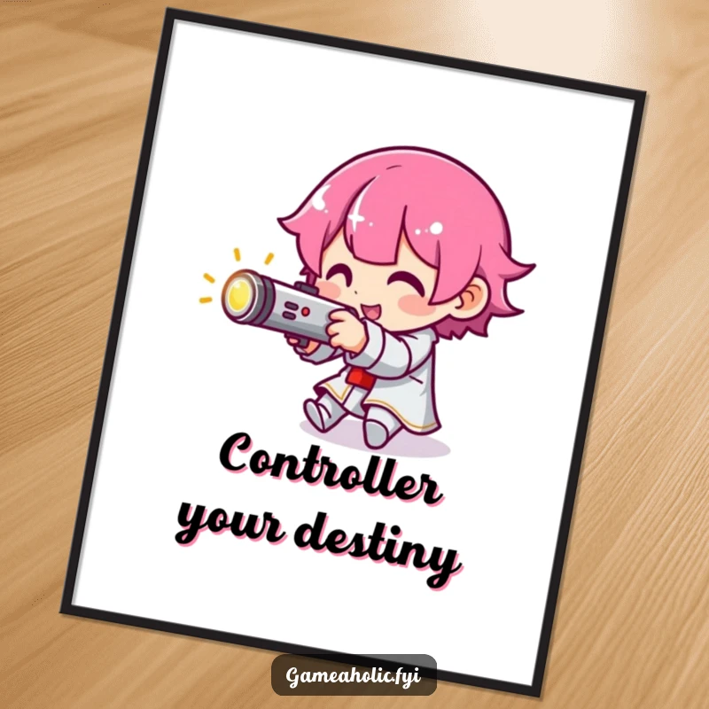 Funny Free Printable Wall Art: Gamer character intently aiming a small, bright joystick, personifying focus and gaming.