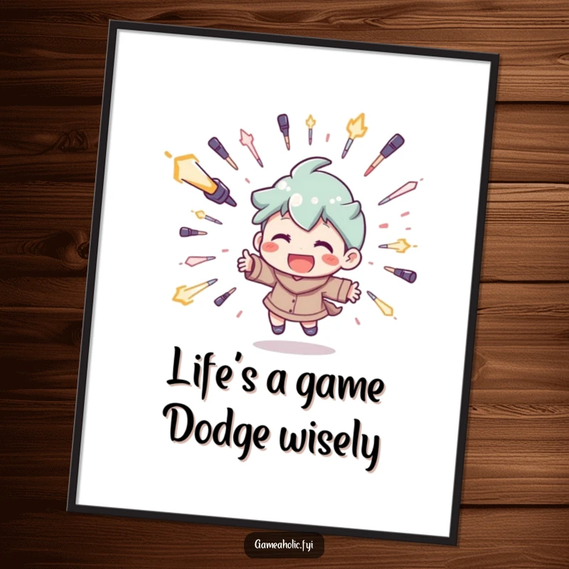 Funny Free Printable Wall Art: Character grinning while expertly dodging a barrage of digital projectiles, gamer humor.