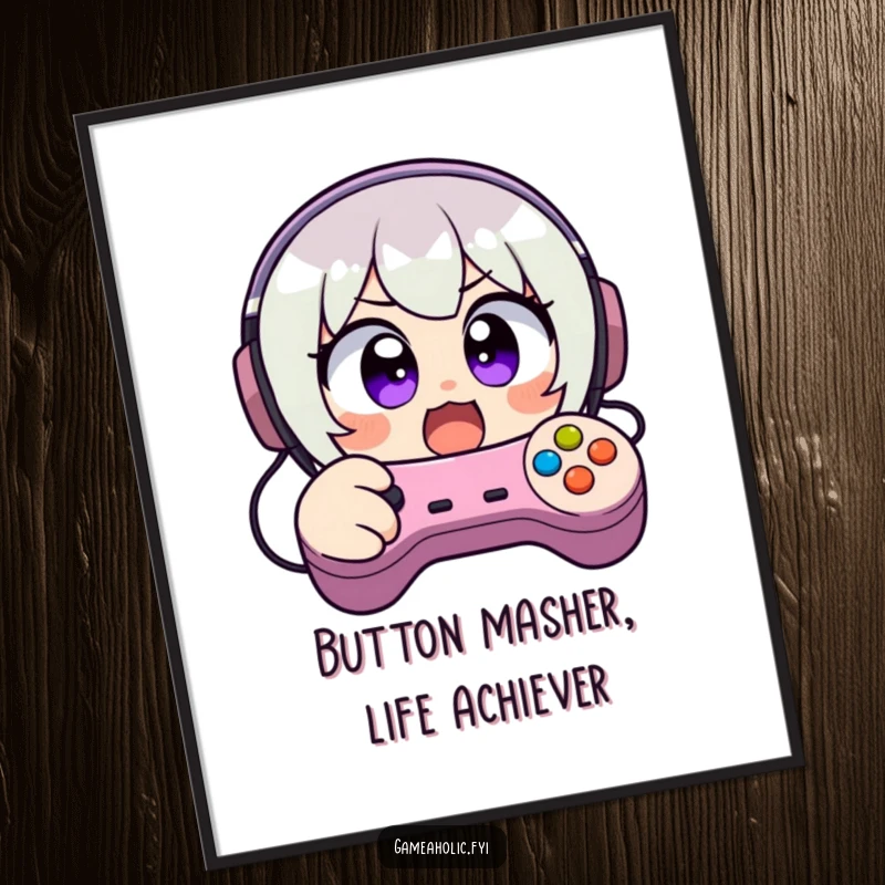 Funny Free Printable Wall Art of a gamer with wide, excited eyes, frantically mashing video game controller buttons with intensity.