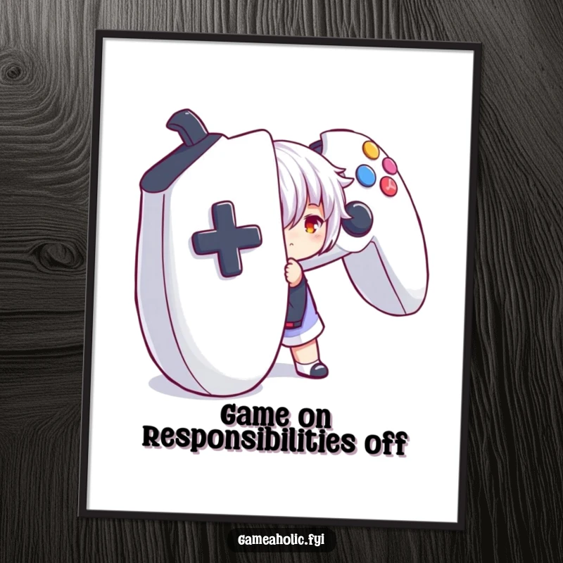 Funny Free Printable Gamer Wall Art: Character playfully hides behind a massive game controller, adding humor to decor.