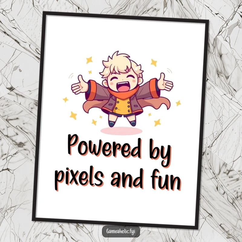 Funny Free Printable Gamer Wall Art: A character spins with arms outstretched, radiating explosive gaming energy and enthusiasm.