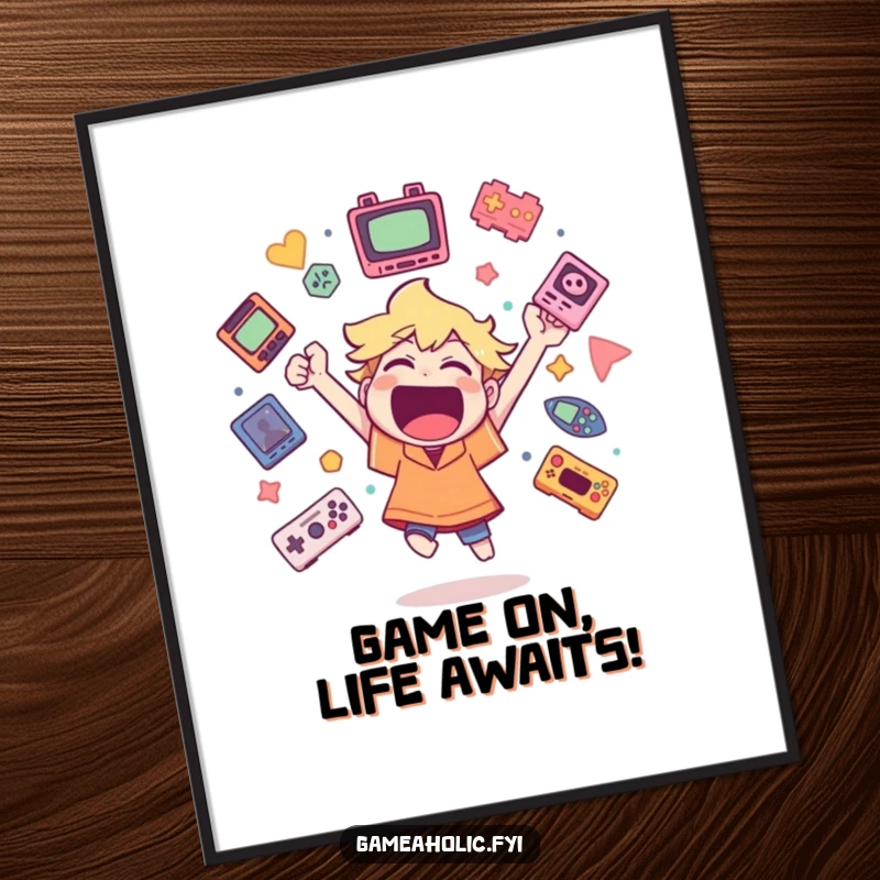 Funny Free Printable Gamer Wall Art: Character cheering wildly, surrounded by floating game icons, celebrating a big win. Downloadable decor.