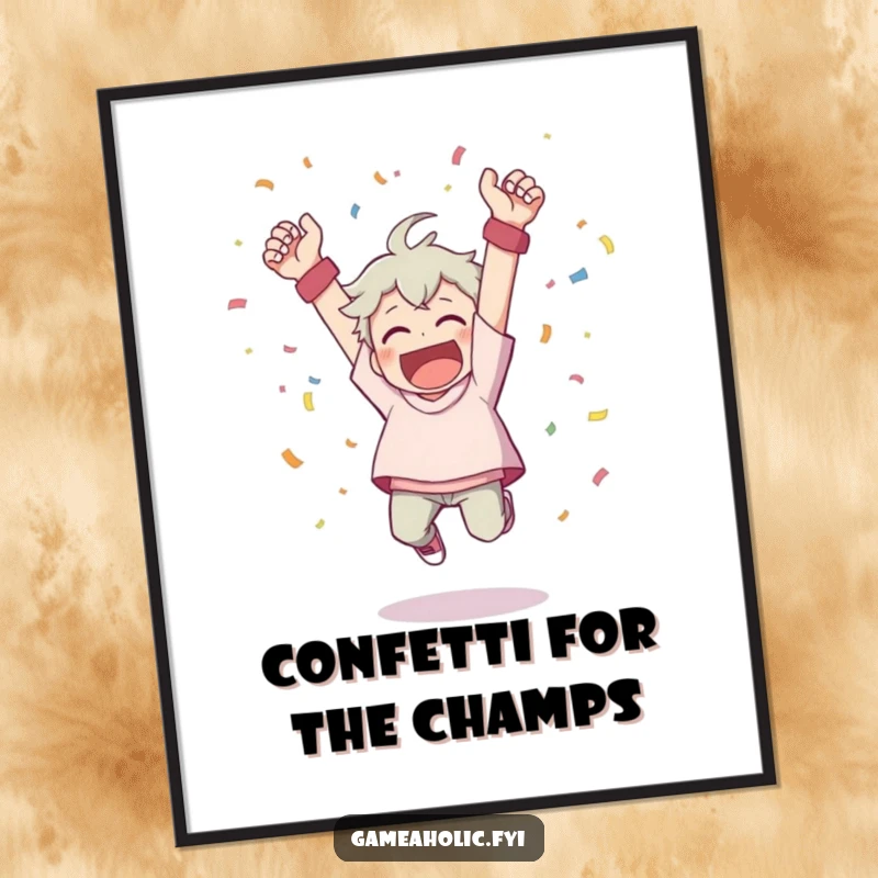 Funny Free Printable Wall Art: Character in mid-air, cheering, throwing confetti from a triumphant victory pose.
