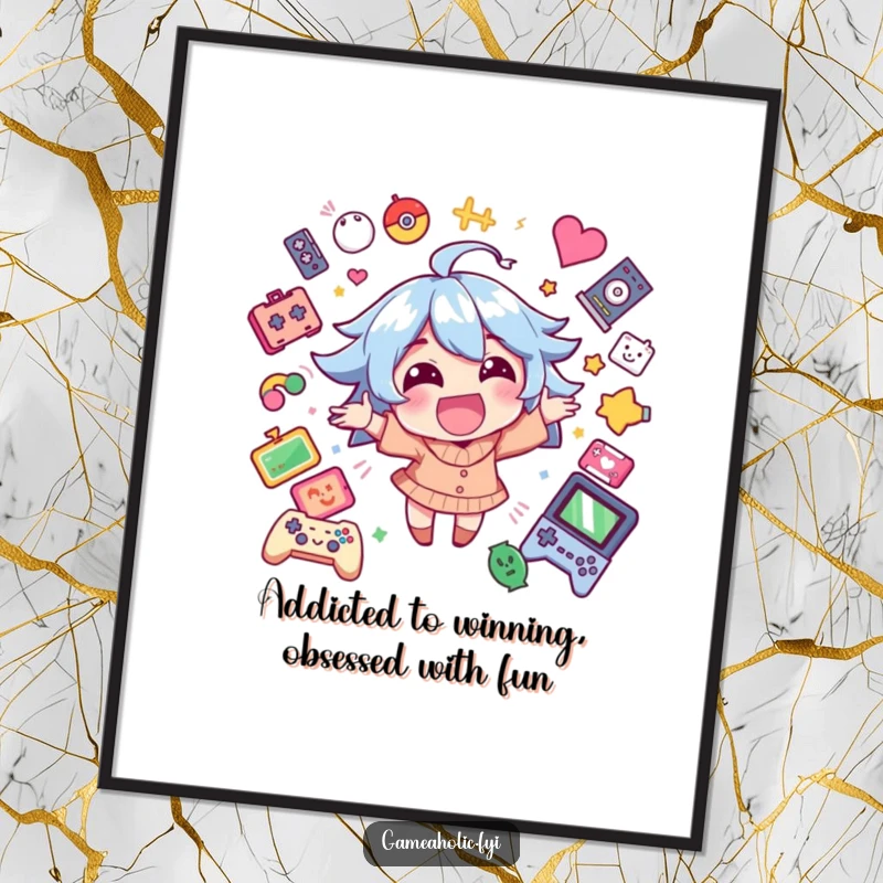 Funny Free Printable wall art of a happy character bursting with excitement, surrounded by colorful game icons.