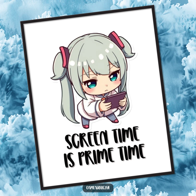 Funny Free Printable Wall Art: Character deeply engrossed in a handheld device, leaning forward with laser-like focus.