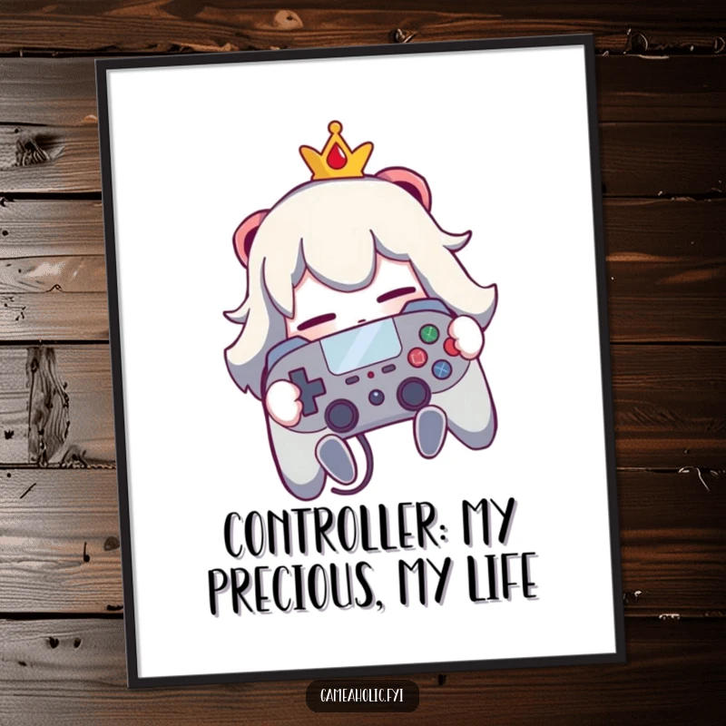 Funny Free Printable Wall Art, a character lovingly hugging a game controller, capturing pure gaming passion.