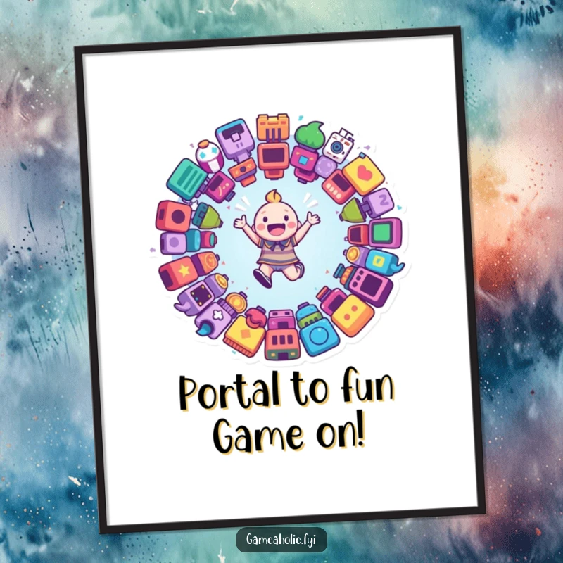 Funny Free Printable Wall Art: Happy character leaping into a swirling portal made of vibrant game icons.