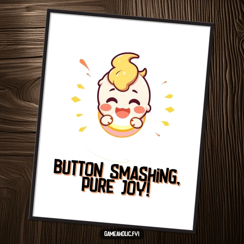Funny Free Printable Wall Art: A cute character with a wide smile excitedly smashes a large, glowing button, symbolizing the start of something fun.