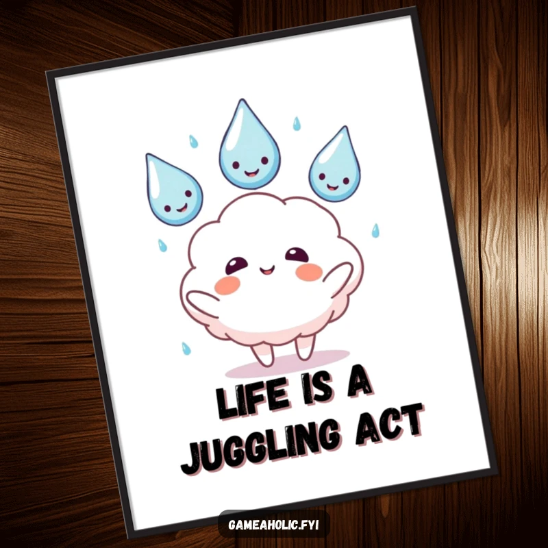 Funny Free Printable Wall Art: A fluffy, smiling cloud character skillfully juggling three happy, anthropomorphic raining drops.