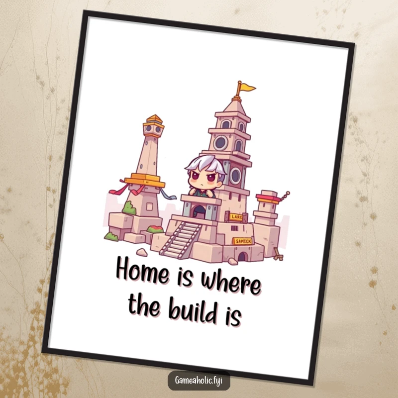 Funny Free Printable Wall Art: Gamer with intense focus building a monumental structure in a vibrant game world.