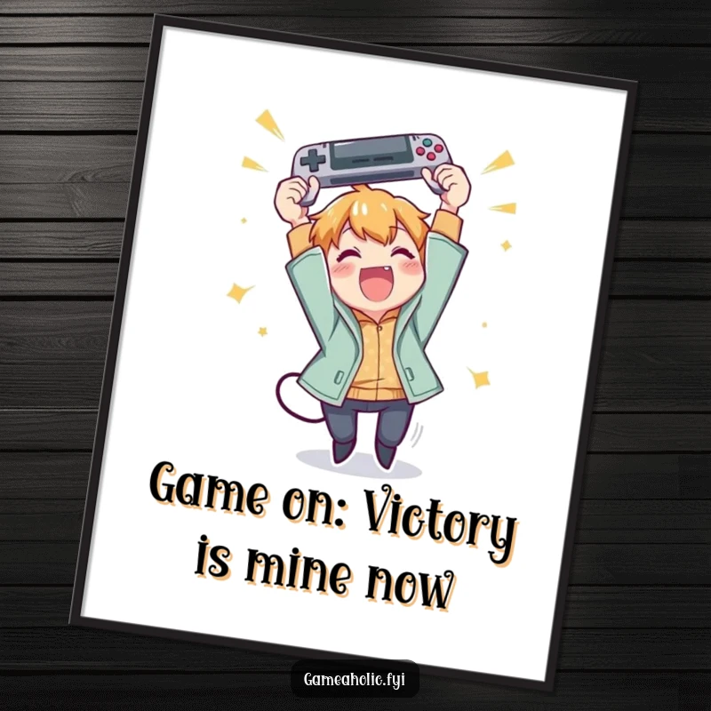 Funny Free Printable Wall Art: Character excitedly throws a gamepad in the air with pure joy, celebrating gaming, DIY decor.