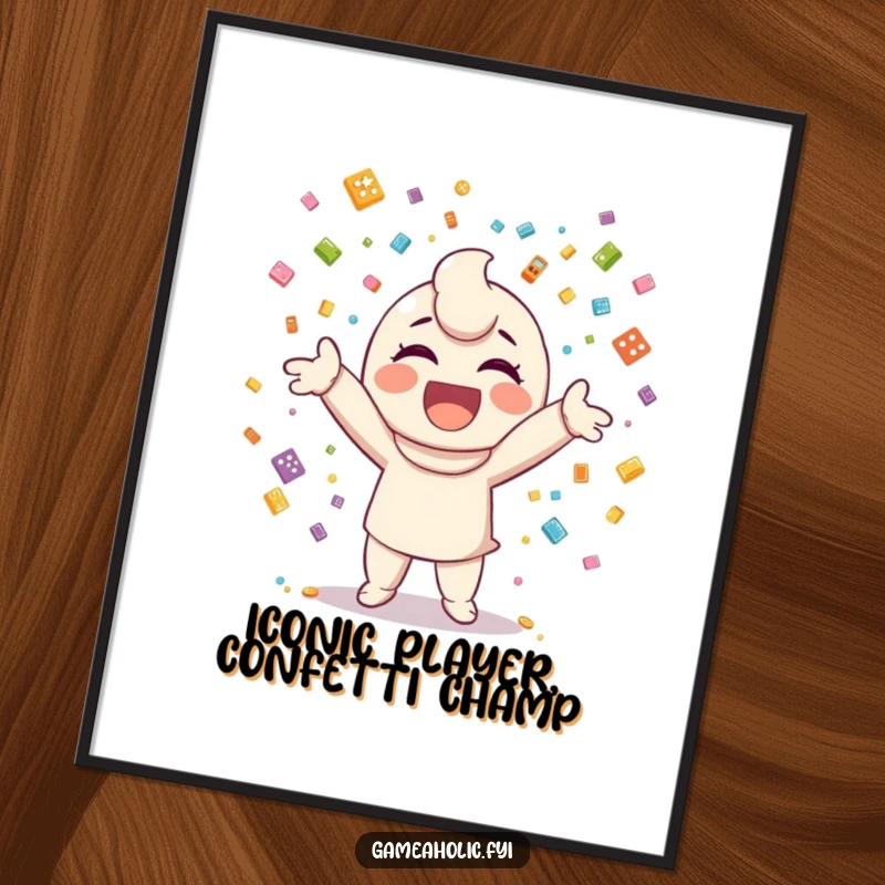 Funny Free Printable Wall Art: Happy character joyfully throwing a shower of confetti made from small, recognizable video game icons.