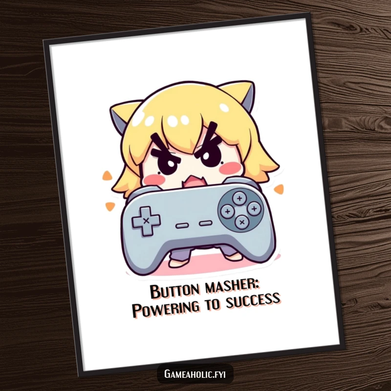 Funny Free Printable Wall Art: Cute character with determined expression frantically mashes buttons on a controller, intense gaming DIY decor.