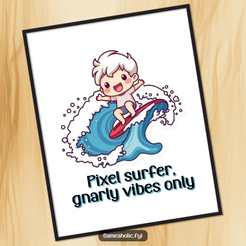 Funny Free Printable Wall Art: Cheerful character stylized as a surfer, riding a large, retro pixelated wave with a dynamic pose.