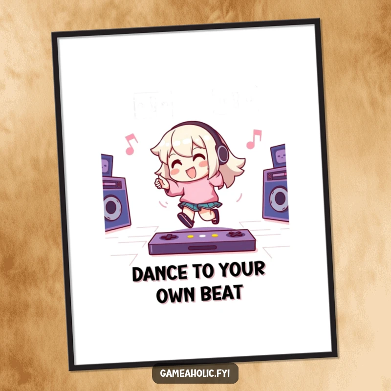 Funny Free Printable Wall Art: A gamer character happily taps their foot to an energetic game beat, adding fun decor.