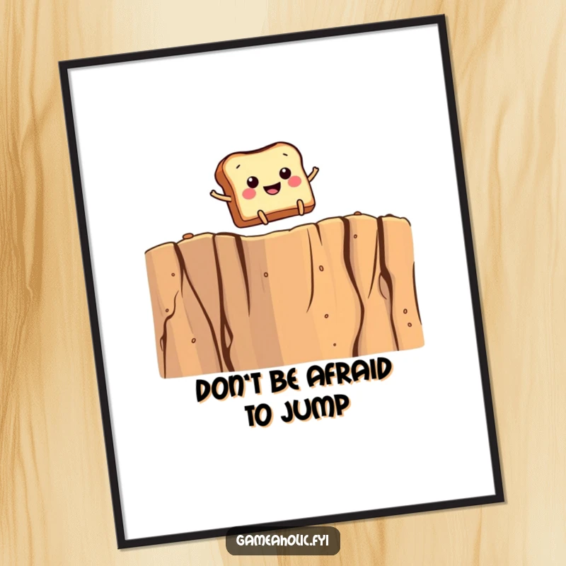 Funny Free Printable Wall Art: Cartoon toast with tiny legs joyfully leaping over a massive crumb cliff against a simple background.