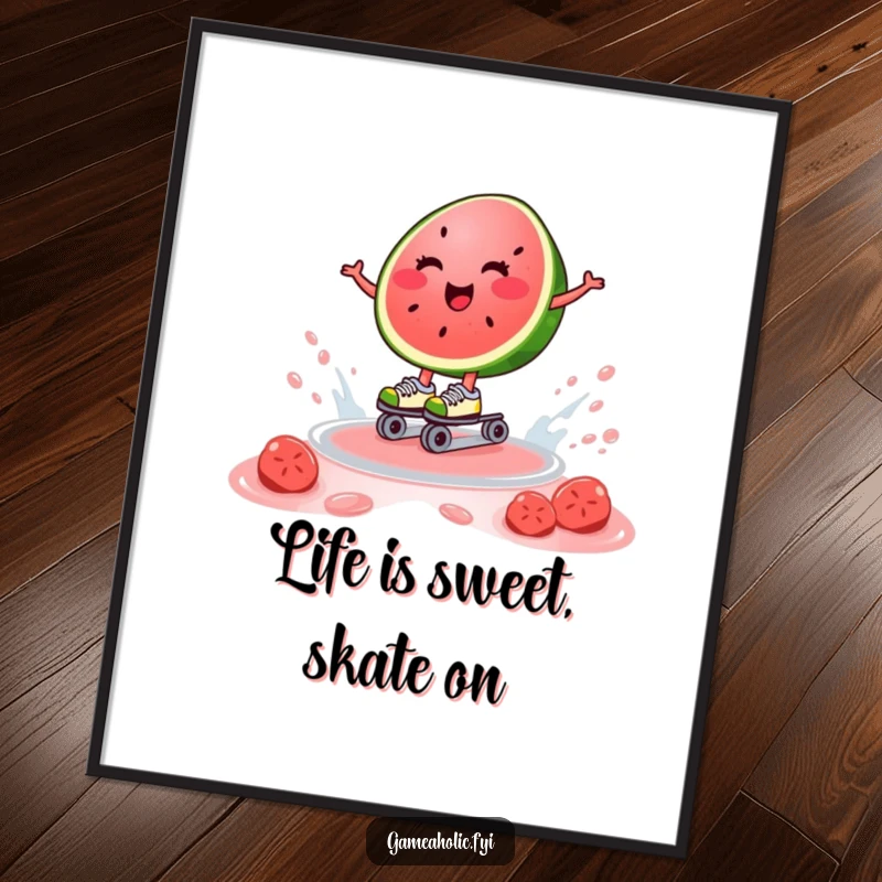 Funny Free Printable Wall Art: A happy watermelon slice wearing roller skates, smoothly gliding on a shimmering pool of its own juice.