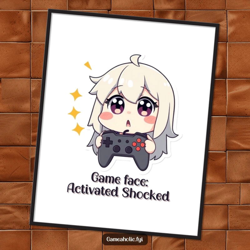 Funny Free Printable Wall Art: Character with wide, surprised eyes, clutching a game controller in a comical pose.