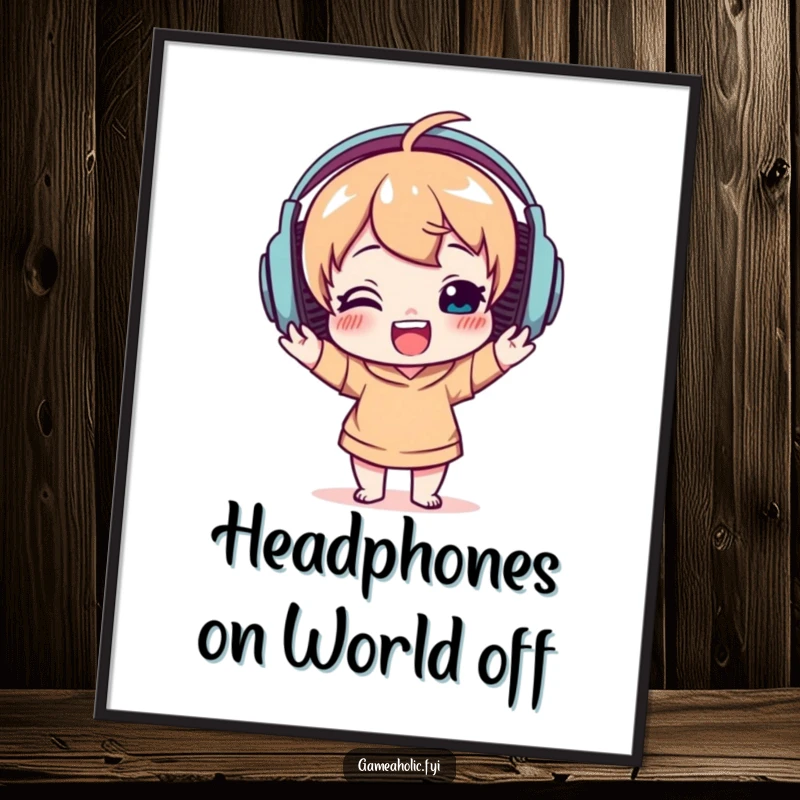 Funny Free Printable Wall Art: Delighted character wearing oversized headphones, joyfully bobbing their head to music.