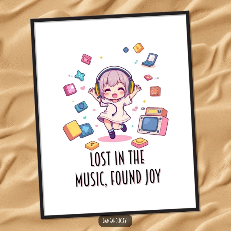 Funny Free Printable Wall Art: A character with headphones, dancing joyfully amidst floating game elements, radiating fun.