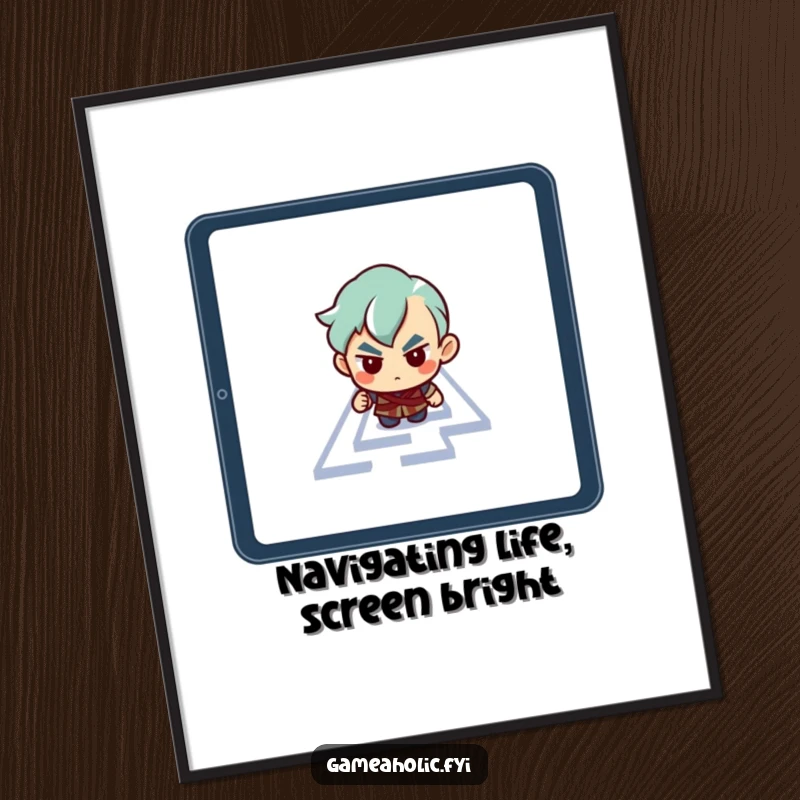 Funny Free Printable Wall Art: Character navigating a maze on a tablet screen, symbolizing focus and digital problem-solving. Downloadable decor.