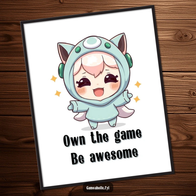Funny Free Printable Wall Art: Character with eyes full of joy celebrating a successful in-game maneuver, gaming celebration.