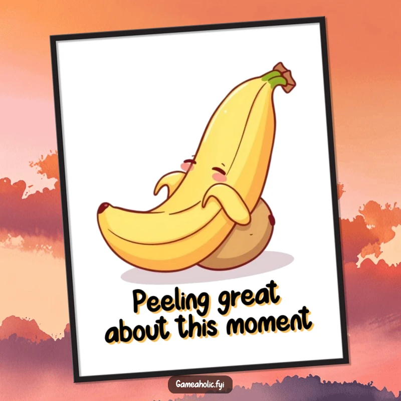 Funny Free Printable Wall Art: A grinning banana peel attempting to trip a sleepy potato rolling across the floor.