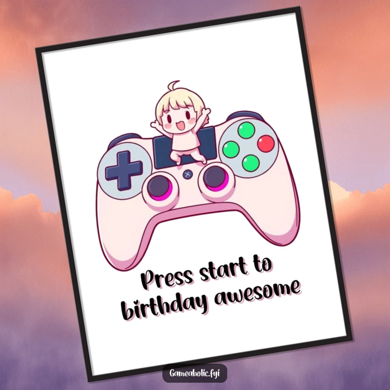 Funny Free Printable Wall Art: A cute character in mid-air, joyfully jumping on a giant, glowing controller button.