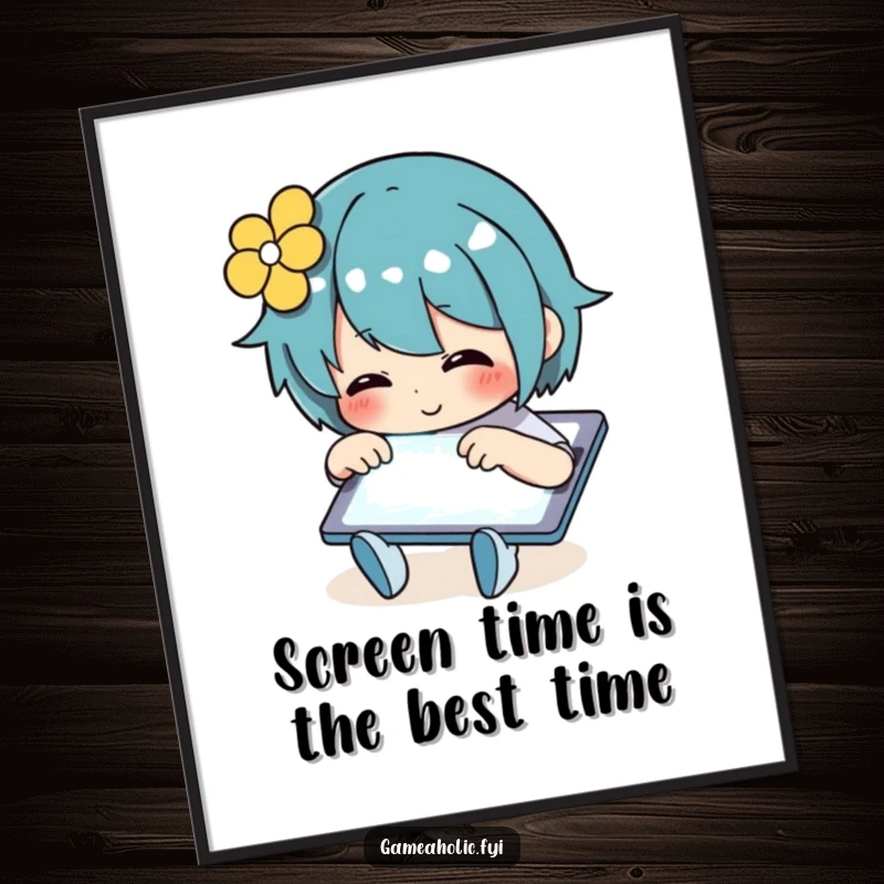 Funny Free Printable Wall Art of a character engrossed in happily tapping rapidly on a glowing tablet screen.