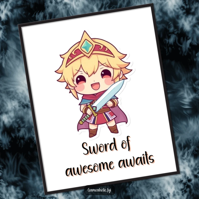 Funny Free Printable Wall Art: Gamer character proudly holding a tiny, sparkling sword, beaming with accomplishment and victory.