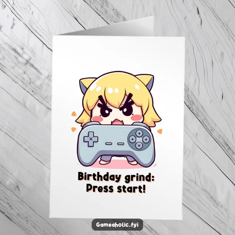 Funny Free Printable Birthday Card: Cute character determinedly mashes controller buttons, ready for a birthday challenge, DIY gift.
